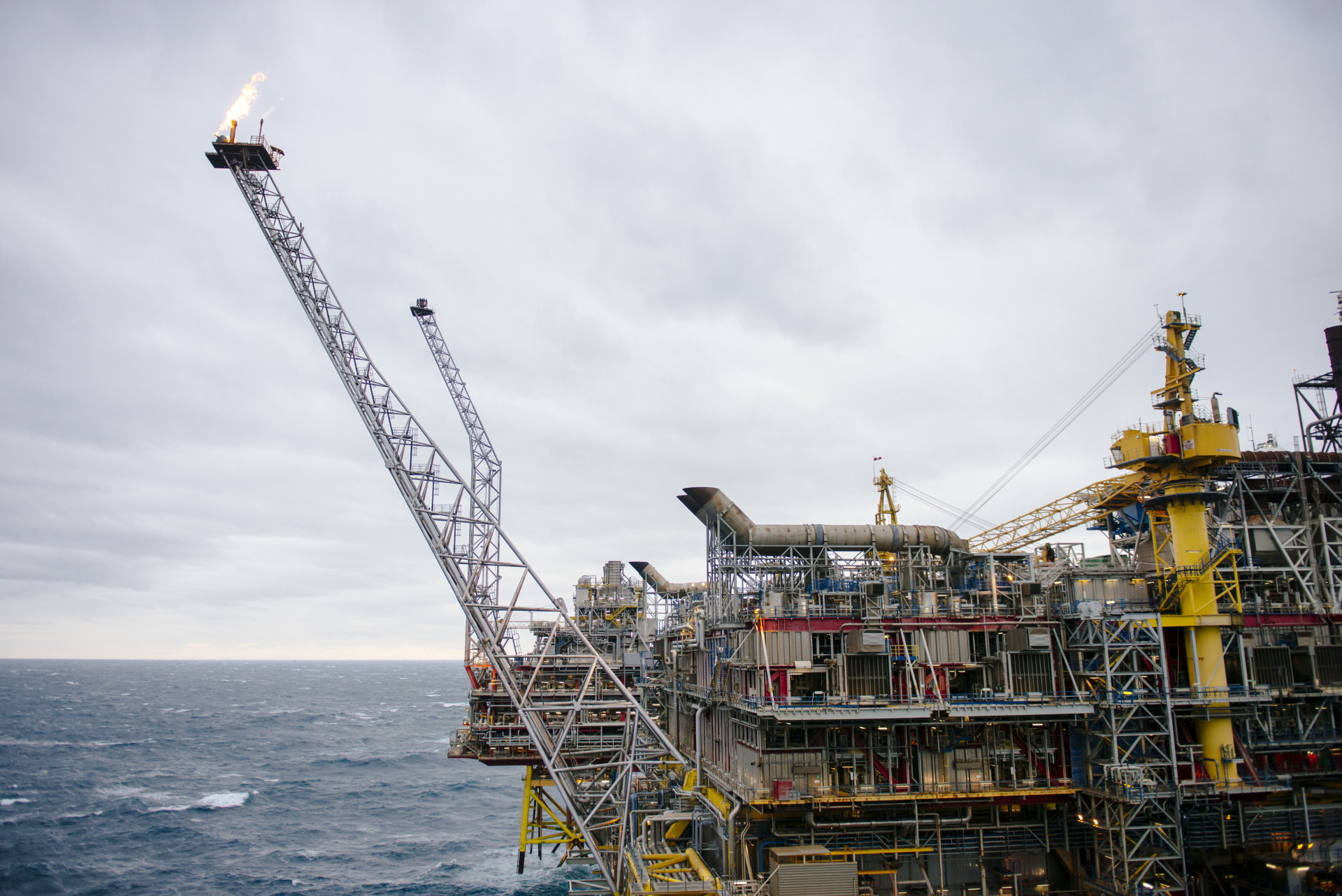 A flare stack burns aboard the Oseberg A offshore gas platform operated by Equinor in the Oseberg North Sea oil field 140kms from Bergen, Norway. Photographer: Kristian Helgesen/Bloomberg