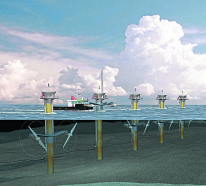Undated npower handout picture showing an artist's impression of a proposed tidal "farm", capable of generating power from the sea's tidal currents. PRESS ASSOCIATION Photo. Issue date: Thursday February 7, 2008. Energy giant npower said it was working with Bristol-based Marine Current Turbines to deliver what would be one of the world's first commercial tidal energy schemes, off the coast of North Wales. See PA story INDUSTRY Tide. Photo credit should read: npower/PA Wire