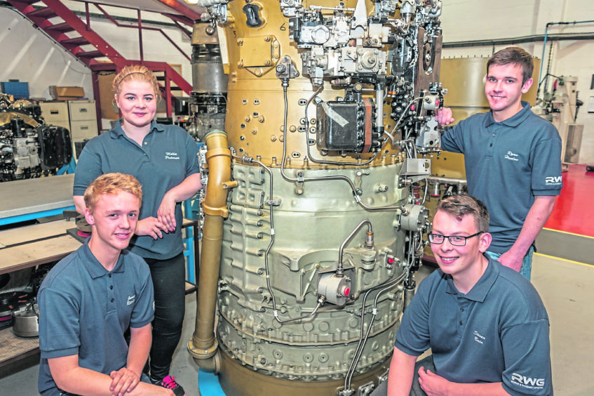 (from l to r) Jamie Ritchie (Apprentice Inspector), Mollie Paterson (Apprentice Inspector), Ryan Hanlon (Apprentice Engine Tester) and Steven Bain (Apprentice Fitter).
 
Caption.something like:
 
RWGs apprentices in the Dyce in-house training facility?

Keith Findlay 
Deputy Business Editor
Tel: 01224 343326
or (mobile) 07833 241565