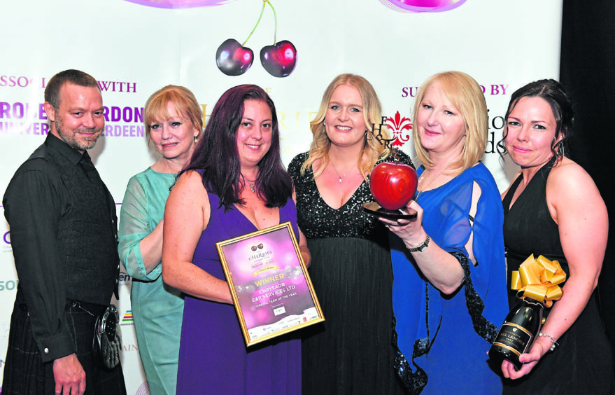 cHeRries awards at the AECC.    
Winner - Terrific Team of the Year. 
Pictured - Chrysaor E&P Services, L-R Mark Reid, Maggie Braid, Claire Grainger, Kathryn Hetherington, Corinne Kelt and Lynsey Macalister.       
Picture by Kami Thomson    01-06-18
