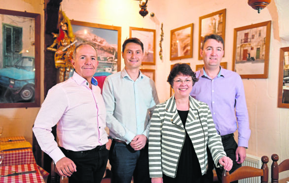 TheBusiness lunch at Rustico, Unio Row, Aberdeen hosted by Keith Findlay.
Pictured L-R Gary McEwan (Elevator), Tristam Horn (DeltaTek), Dorothy Burke (Ecosse IP) and James Brown (Murgitroyd).
Picture by Kami Thomson 07-05-19