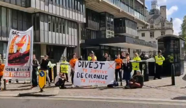 People and Planet protesters outside Barclays annual meeting at the Queen Elizabeth II Centre in London. People and Planet/Twitter/PA Wire