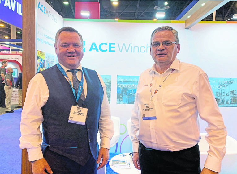 Alfie Cheyne, chief executive of Ace Winches and Bill Main, finance director at Balmoral Group at OTC in Houston, USA. 
Picture by Rebecca Buchan 08/05/2019