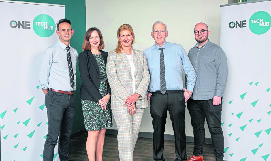 L to R: Michael Boniface, Head of ONE CodeBase, Maggie McGinlay, ONE Deputy CEO, Jennifer Craw, ONE CEO, Sir Ian Wood KT GBE, Chair of ONE, Stephen Coleman OBE, CEO and co-founder of CodeBase.