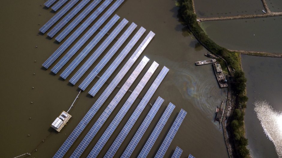 An aerial view of a water based solar farm operated by the China Energy Conservation and Environmental Protection Group on the outskirts of Jiaxing, China on Friday, 07 September 2018. Photographer: Qilai Shen