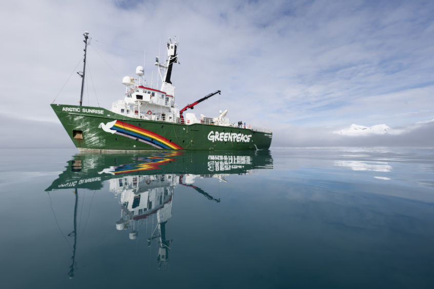 Greenpeace ship the Arctic Sunrise at  Livingston Island, Antarctica. Greenpeace is conducting submarine-based scientific research to strengthen the proposal to create the largest protected area on the planet, an Antarctic Ocean Sanctuary.