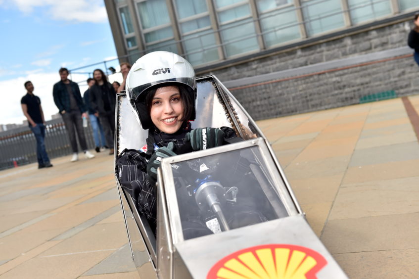 Students from Aberdeen University unveil a Hydrogen powered car, designed and built to compete in this years Shell Eco-marathon. Pictured is Driver Elisabettamaria Schettino.