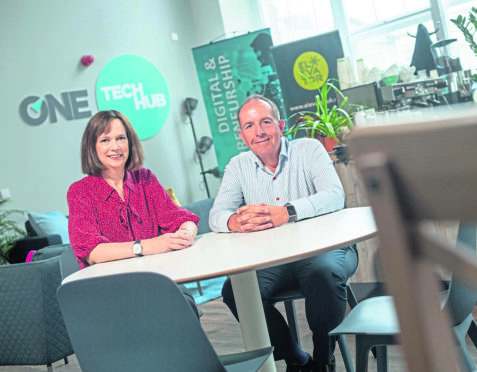 Maggie McGinlay, ONE Deputy Chief Executive and Professor Gary McEwan, Elevator CEO.
Handout from Elevator.
Aberdeen , Scotland, Tuesday, 25 June 2019
Elevator partners with Opportunity North East to deliver a new programme at the ne TechHub in Aberdeen.
Pictured is Maggie McGinlay Deputy Chief Executive at Opportunity North East and Professor Gary McEwan, Chief Executive Officer at Elevator UK