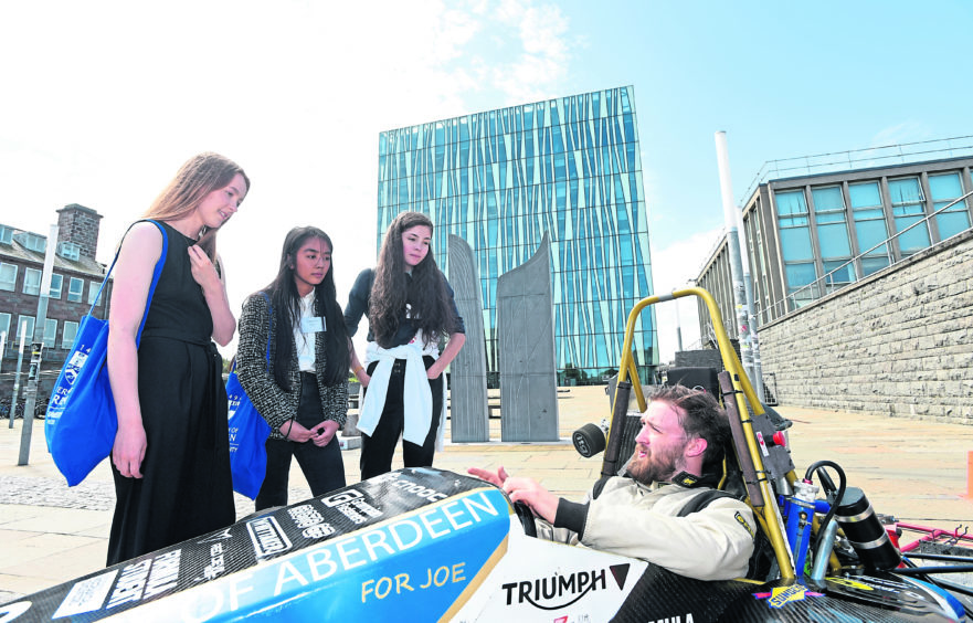 Pictured are from left, Eve Young, Jasmine Walker, Lucy Kingham and Aberdeen University's Joshua Barton. Girls from schools across UK descend on Aberdeen for Women in Engineering conference.
Picture by DARRELL BENNS 30/07/2019
CR0012255