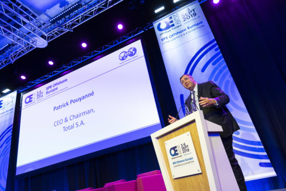 Patrick Pouyanne, CEO of Total, giving the keynote address on day one of Offshore Europe
(Photo by Ross Johnston/Newsline Media)