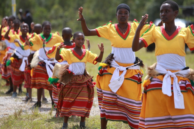 Celebrations at the laying of the cross border mark stone for the East African Crude Oil Pipeline.