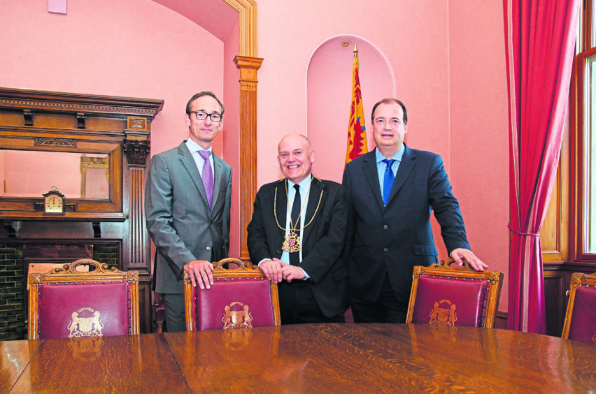 Romain Chambault, director Europe - oilfield equipment at Baker Hughes, a GE company, Lord Provost Barney Crockett and Brett Jackson of Granite PR