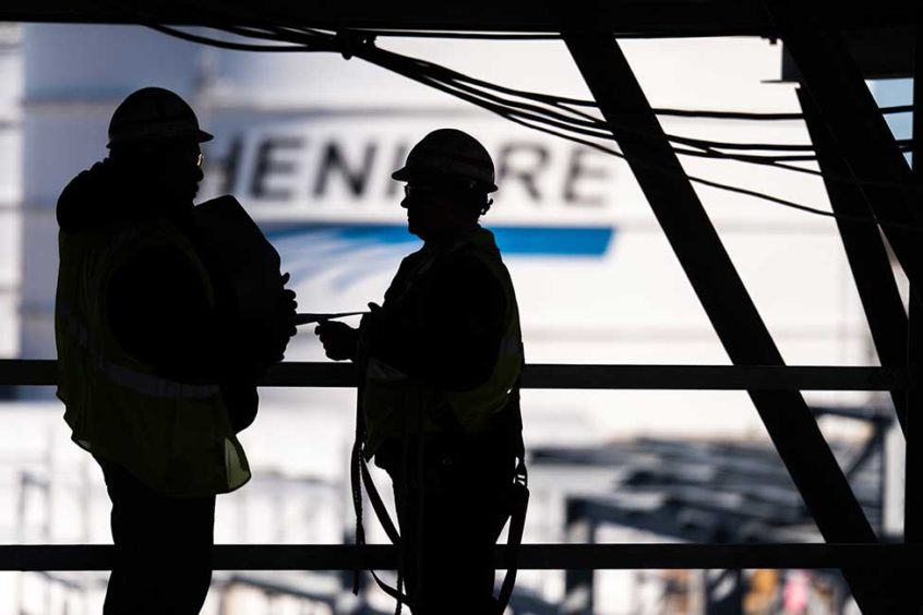 Workers at Cheniere's Corpus Christi LNG plant in the US