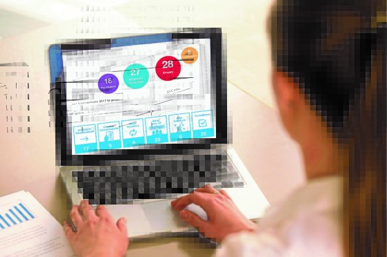 Rear view at businesswoman working with computer, analyzing project statistics data on laptop screen, graphic information about company growth, apps software for business analysis concept.