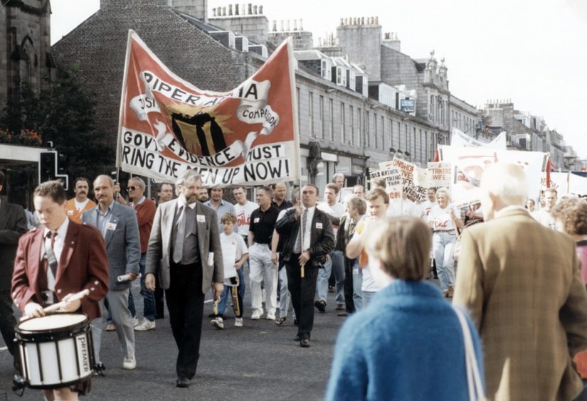 Protests in 1989, a year after Piper Alpha, urging the government to "bring the men up now". Thirty bodies were never recovered from the North Sea following the tragedy which claimed the lives of 167 people.