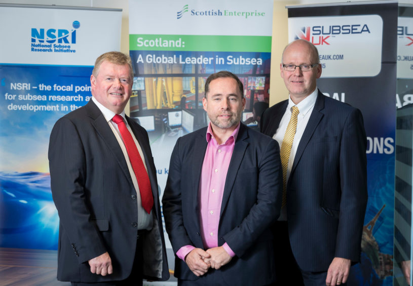 Photo from L- R: Tony Laing of NSRI, Subsea UK's tech arm, David Rennie of Scottish Enterprise and Neil Gordon of Subsea UK.