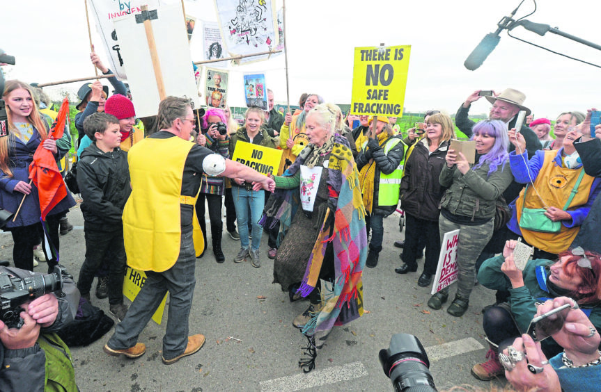 Dame Vivienne Westwood protests outside the energy firm Cuadrilla's fracking site in Preston New Road, Little Plumpton, near Blackpool after the controversial process got underway in Lancashire. PRESS ASSOCIATION Photo. Issue date: Tuesday October 16, 2018. PA Wire