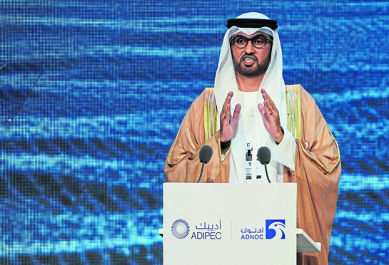 Sultan Ahmed al-Jaber, the Emirati minister of state and the CEO of Abu Dhabi's state-run Abu Dhabi National Oil Co., ADNOC, speaks at the opening ceremony of the Abu Dhabi International Petroleum Exhibition & Conference, ADIPEC, in Abu Dhabi, United Arab Emirates
Emirates Oil Exhibition, Abu Dhabi, United Arab Emirates - 11 Nov 2019
Photo by Kamran Jebreili/AP/Shutterstock (10471756a)