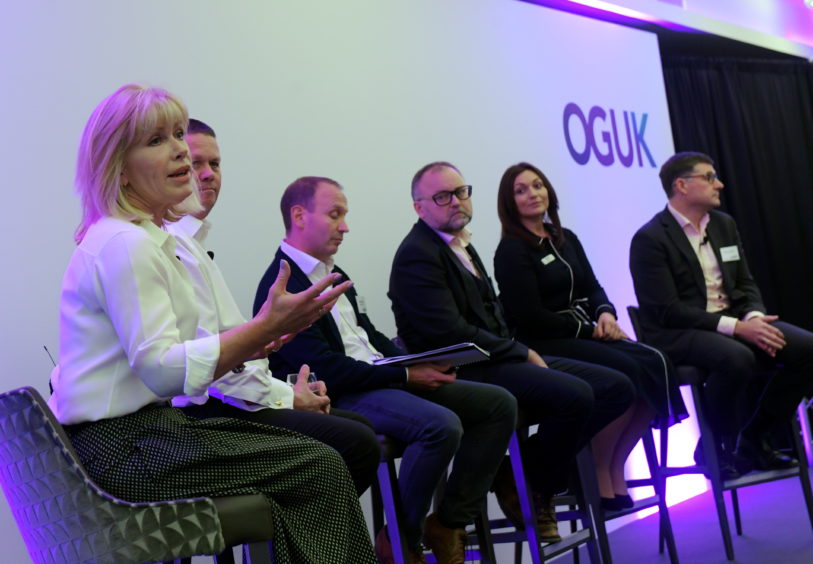 Oil and Gas UK and Deloitte event on collaboration at the Chester Hotel. From left, Sian Lloyd-Rees (Aker Solutions), Phil Kirk (Chrysaor), Graham Hollis (Delloitte), Martin White (Halliburton), Emily Taylor (OGUK) and Steve Phimister (Shell).