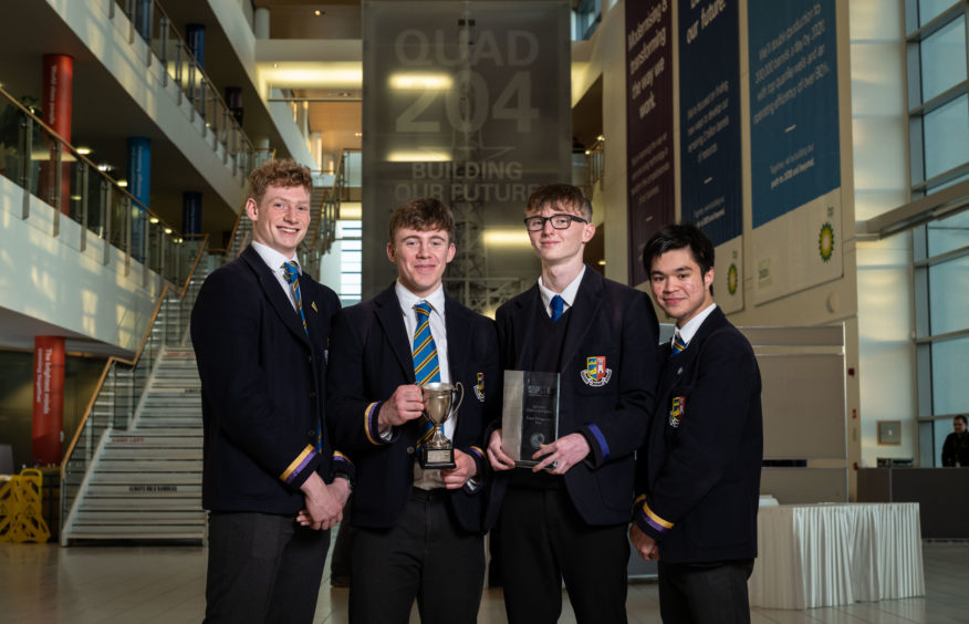 Paddy Petroleum, the winning team from Robert Gordon’s College are pictured at BP’s North Sea headquarters with their STEM in the Pipeline 2019 award (L-R) Alistair Finch, Patrick Ashdown, Douglas Fraser and Sean Alger.
