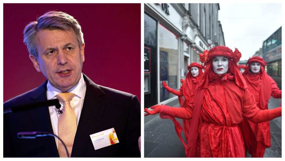 Shell CEO Ben Van Beurden said he sees "no reason" to change up North Sea investment. Right: Extinction Rebellion protestors in Aberdeen earlier this month.