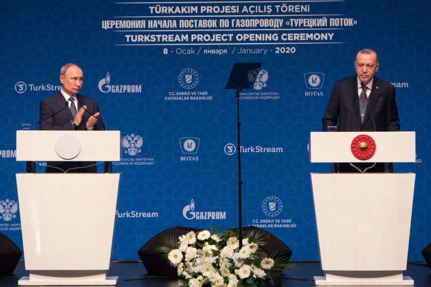 Recep Tayyip Erdogan, President of Republic of Turkey, and Vladamir Putin, President of Russian Federation,gives a speech at TurkStream opening ceremony at Halic Congress Center in Istanbul,Turkey on Wednesday,Oct 07 , 2020.Photographer: Kerem Uzel/Bloomberg