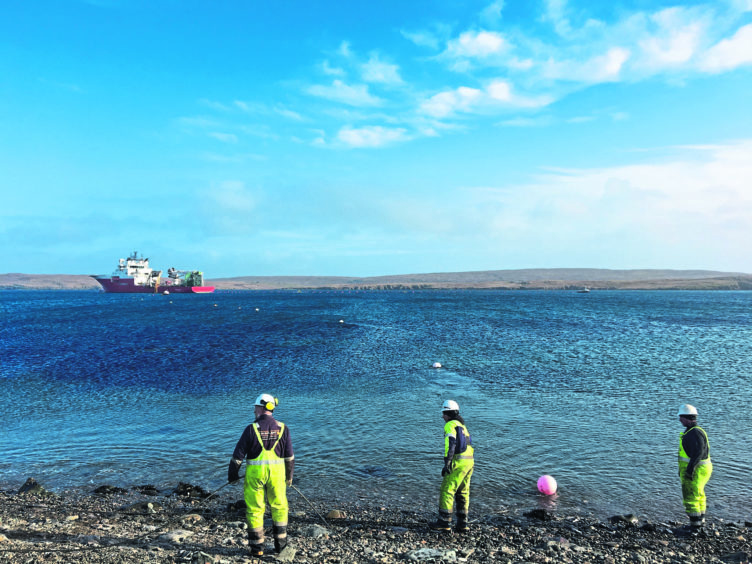 Global Symphony completing a shore-end cable operation.
Handout Global Marine.