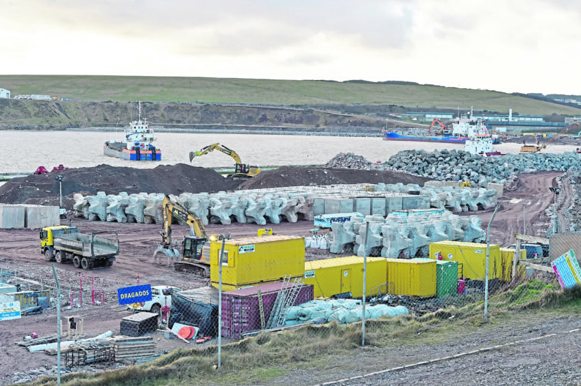 Work on-going at the extension of Aberdeen Harbour.