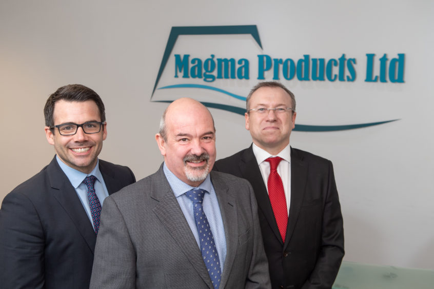 From left, Terry Allan, deputy managing director of Global E&C, Paul Rushton, chairman of Magma Products, and Derek Mitchell, managing director of Global E&C.