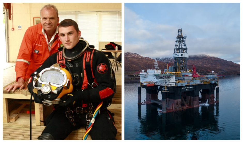 24-year-old Lewis Beddows has been left medically unfit for work  after an air diving incident at the Ocean GreatWhite rig in 2018. Pictured left with his father Derek at the Underwater Centre, Fort William.