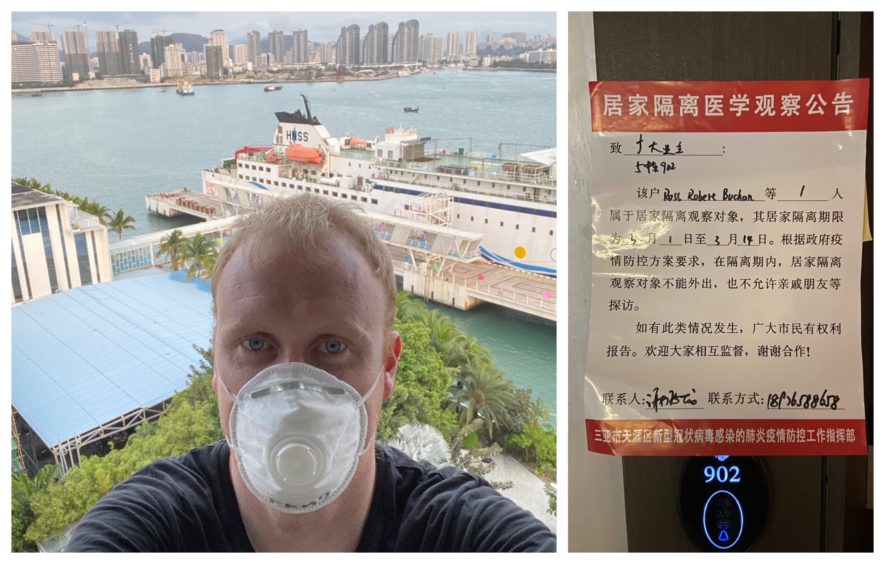 Ross Buchan, from Fraserburgh, pictured left at his hotel in Sanya, China where he is in quarantine. Mr Buchan said he has no symptoms of the coronavirus. Right: A sign warning others that he is in isolation.