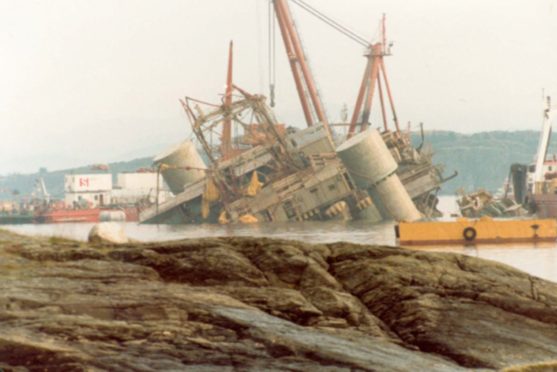 The Alexander Kielland platform in the Gandsfjord during an operation to upright the capsized rig. Pic: Norwegian Petroleum Museum