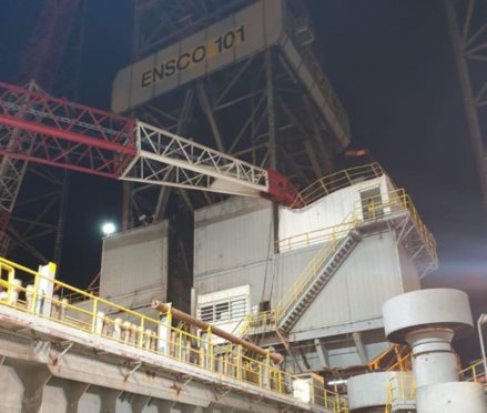 An image showing the collapsed crane on the Valaris-operated rig.
