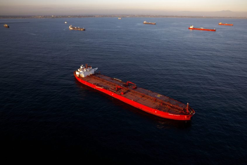 Oil tankers are seen anchored in the Pacific Ocean in this aerial photograph taken above Long Beach, California, U.S., on Friday, May 1, 2020. The volume of oil on vessels located just offshore the state peaked at 26 million barrels over the weekend, about a quarter of the world's daily consumption, before dropping to 22 million barrels on Monday, according to Paris-based Kpler SAS, which tracks tanker traffic. Photographer: Patrick T. Fallon/Bloomberg
