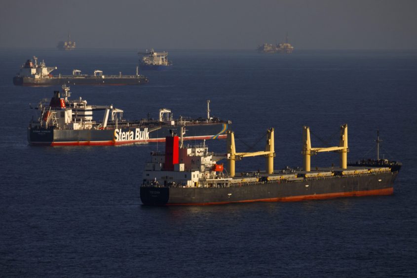 Oil tankers are seen anchored in the Pacific Ocean in this aerial photograph taken above Long Beach, California, U.S., on Friday, May 1, 2020. The volume of oil on vessels located just offshore the state peaked at 26 million barrels over the weekend, about a quarter of the world's daily consumption, before dropping to 22 million barrels on Monday, according to Paris-based Kpler SAS, which tracks tanker traffic. Photographer: Patrick T. Fallon/Bloomberg