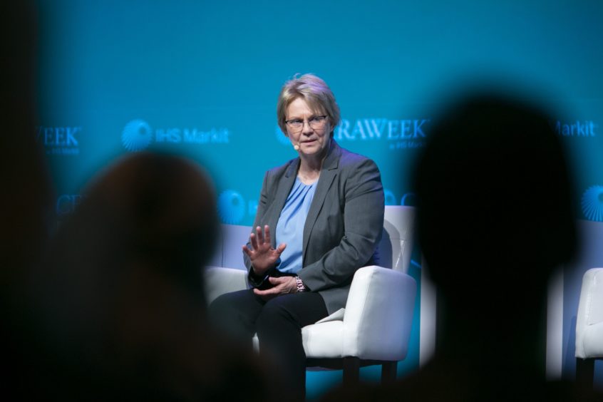 Vicki Hollub speaks during the 2019 CERAWeek by IHS Markit conference in Houston. Photographer: F. Carter Smith/Bloomberg