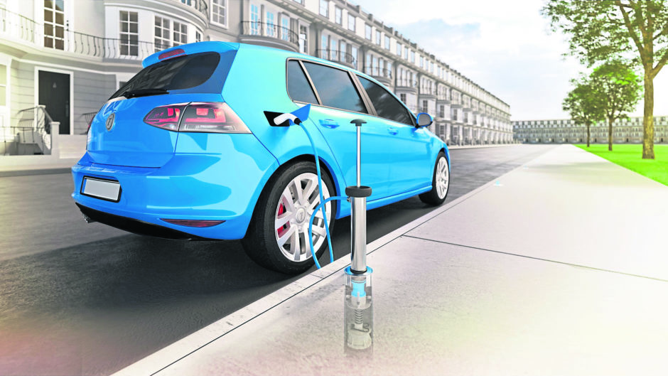 vision: An artist’s impression of one of Trojan Energy’s electric vehicle charging systems, involving a “lance” carried by drivers