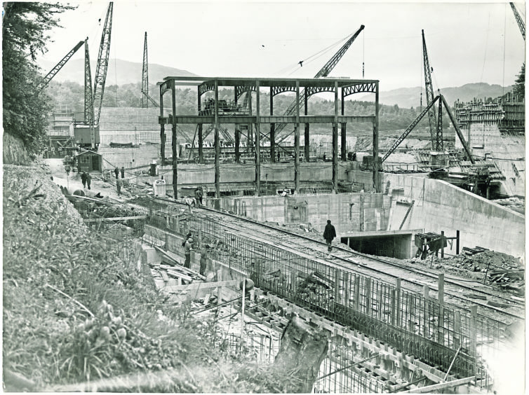Pitlochry Dam and hydroelectric scheme under construction in 1949