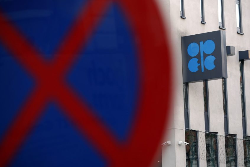 An OPEC sign hangs outside the OPEC Secretariat in Vienna, Austria, on Wednesday, Dec. 4, 2019.