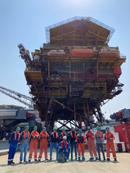 Allseas - "Brent Alpha is undertow to Able UK’s Teesside yard for recycling after a successful transfer to Allseas’ cargo barge Iron Lady. Here’s the team that made it all possible. Well done guys!"