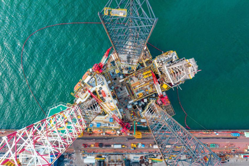 Aerial view of jack up rig with maintenance plant