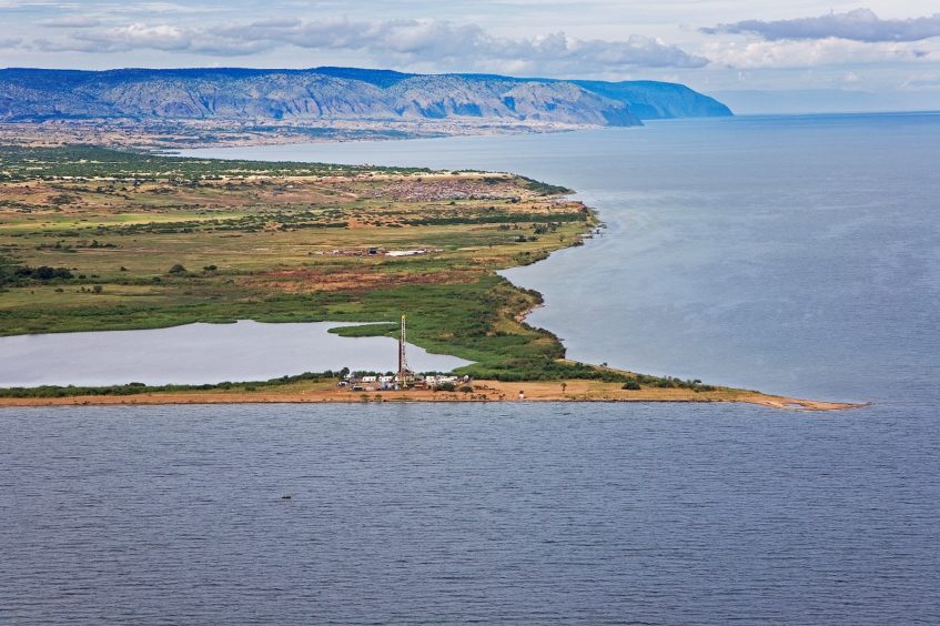 A lake and a drilling rig from the air