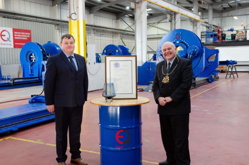 The Lord Provost of Aberdeen, Barney Crockett, right, in his role as lord-lieutenant, with Andrew Polson, chairman of EnerQuip.