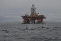 A drilling rig behind some orcas, on an overcast day