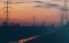 Power lines against a sunset