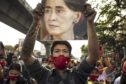 Protest at the Embassy of Myanmar in Bangkok as Military Take Power in Myanmar in early 2021. Photographer: Andre Malerba/Bloomberg