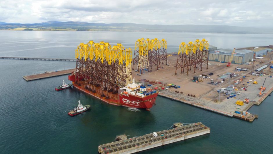 Wind turbine foundation structures at the Port of Nigg in Scotland.