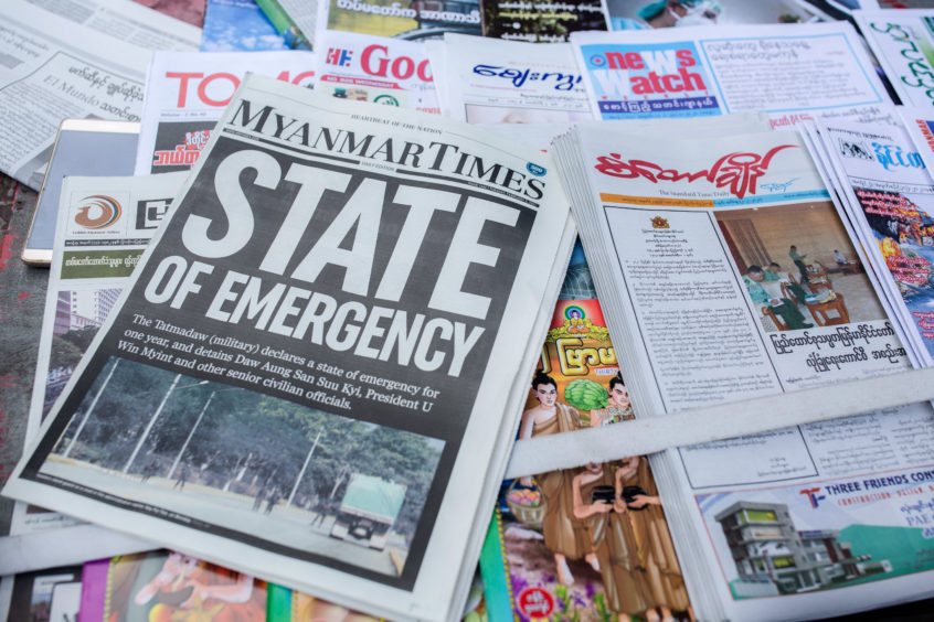 Myanmar Times newspaper with the headline 'State of Emergency' among other newspapers for sale are seen on display a day after the Myanmar's military detained the country's de facto leader Aung San Suu Kyi and the country's president in a coup.
Daily life in Yangon, Burma - 01 Feb 2021