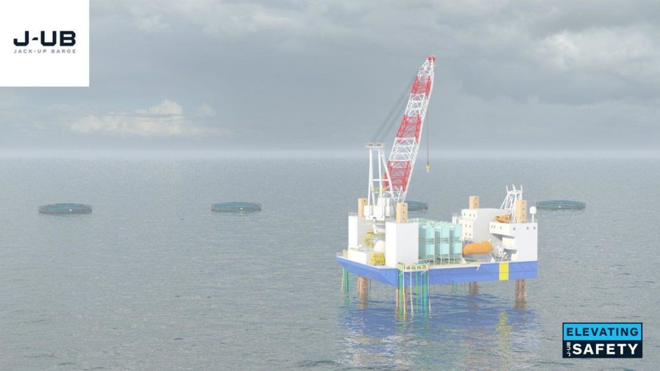 An artist's impression of J-UB's JB-119 vessel in the centre of a fish farm.