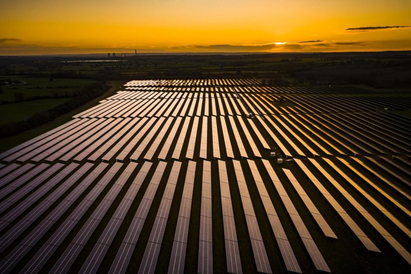 A solar farm at sunrise